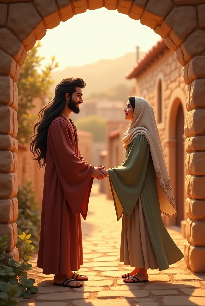 En un estilo Disney Pixar Crear un joven sonriente y regocijado normal size adulto vestido de túnica estilo tiempos bíblicos de pelo y ojos negros, and beard, holding a young woman without earrings by both hands, normal size, beautiful, black hair and eyes with a hijab on her head, in a stone house in a biblical-style village in Jerusalem.