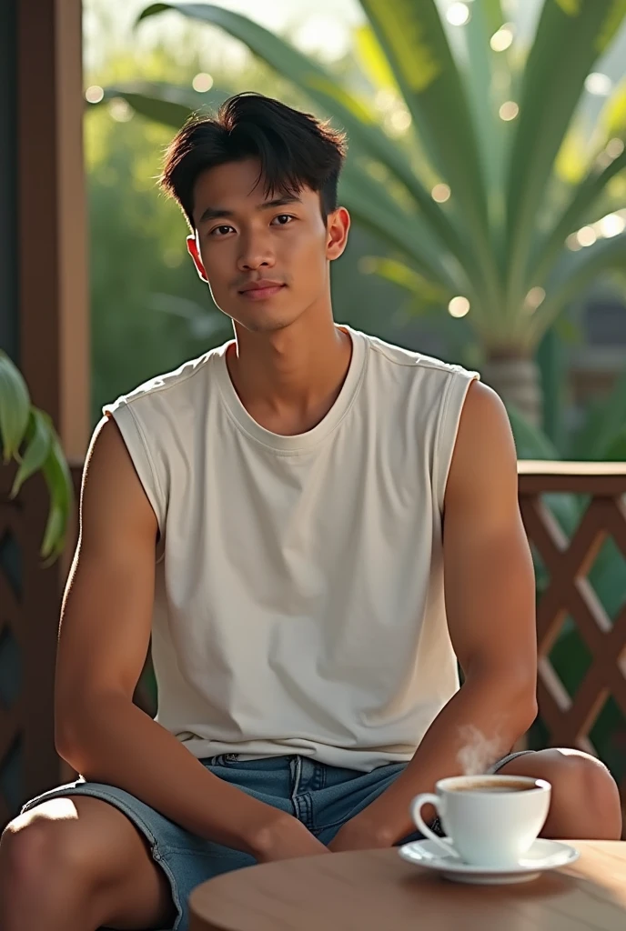 close up , Indonesian man sitting on the terrace of an Indonesian house, table and coffee beside him, image inspired by Wang Duo, Instagram, sunny morning atmosphere, h 7 0 4, white sleeveless t-shirt and jeans shorts, Li Zixin, 4 colors! !!, 360