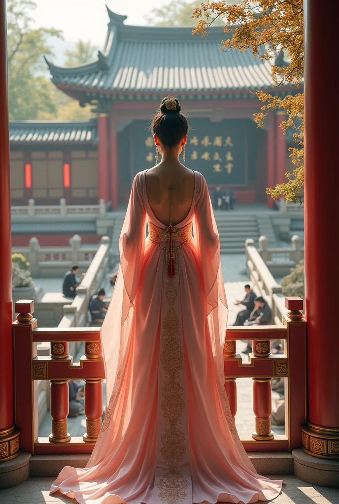 In the full Tang Dynasty, a beautiful princess in a light pink dress, full of Tang Dynasty official regalia, stands on the edge of a balcony looking at the academy where scholars are sitting and reading poetry on the blackboard in front of the classroom.