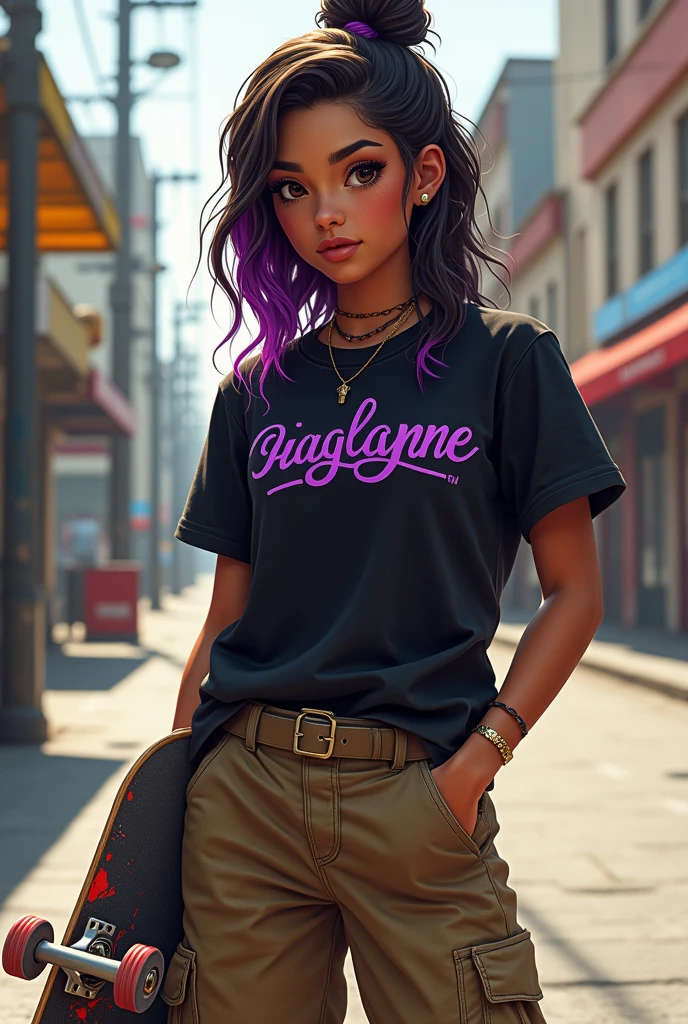 Create a cinnamon-colored brunette with dark brown hair who is a skateboarder and really likes to make art and she is an artist , with purple highlights in her hair and a black t-shirt with purple details, red and green and with a name written Haglaynne and with cargo pants in the realistic version.