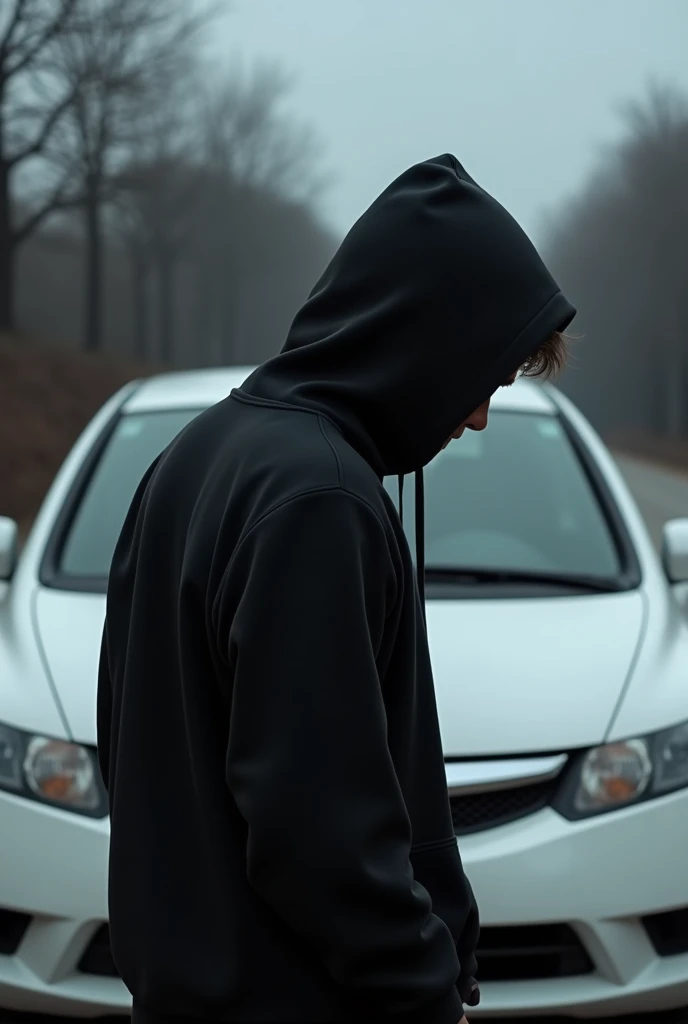 A man with his back turned and in front of him a white 2008 civic si, the man in a black sweatshirt with his head down, put him on his back, put the hood on your head, looks like he's 1