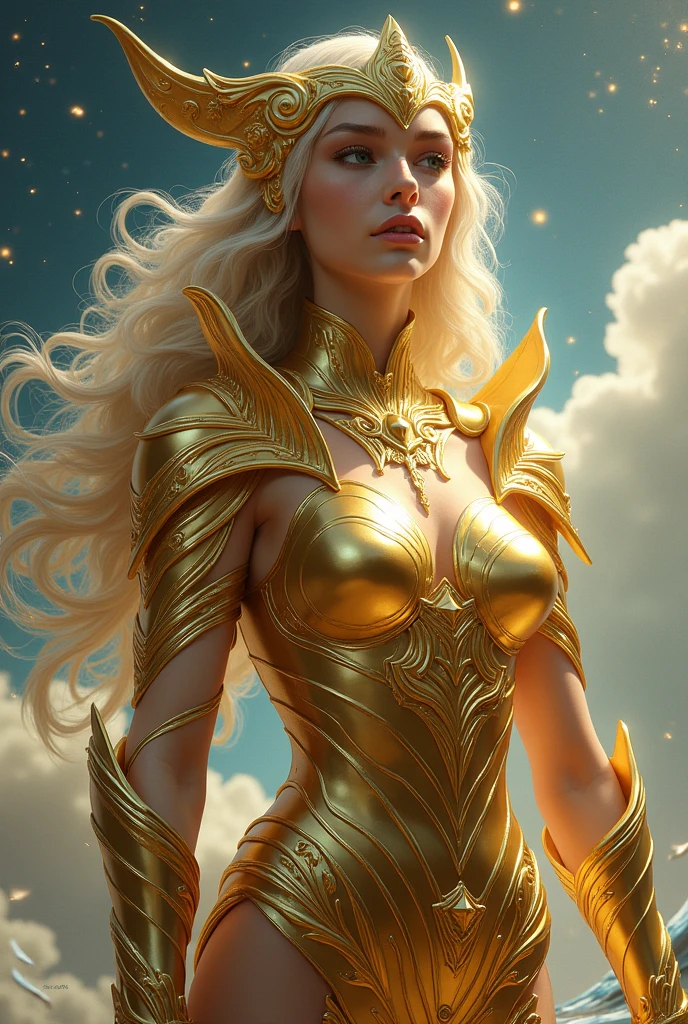 Create a realistic image of the Aquarius Golden Amazon in the style of the series 'Knights of the Zodiac'. The armor must be completely golden., with intricate details that refer to the water element and the flow of the wind, as wave patterns and currents. Add realistic textures to capture the shine and depth of gold. The helmet should have a sleek and stylish design, incorporating elements reminiscent of moving water. The Amazon must have an expression of calm and determination, reflecting his wisdom and power. She can be in a dynamic pose, perhaps holding a trident or golden staff. The background should be an ethereal environment, like a starry sky with clouds and subtle water elements, to complement the character's mystical and powerful aura."