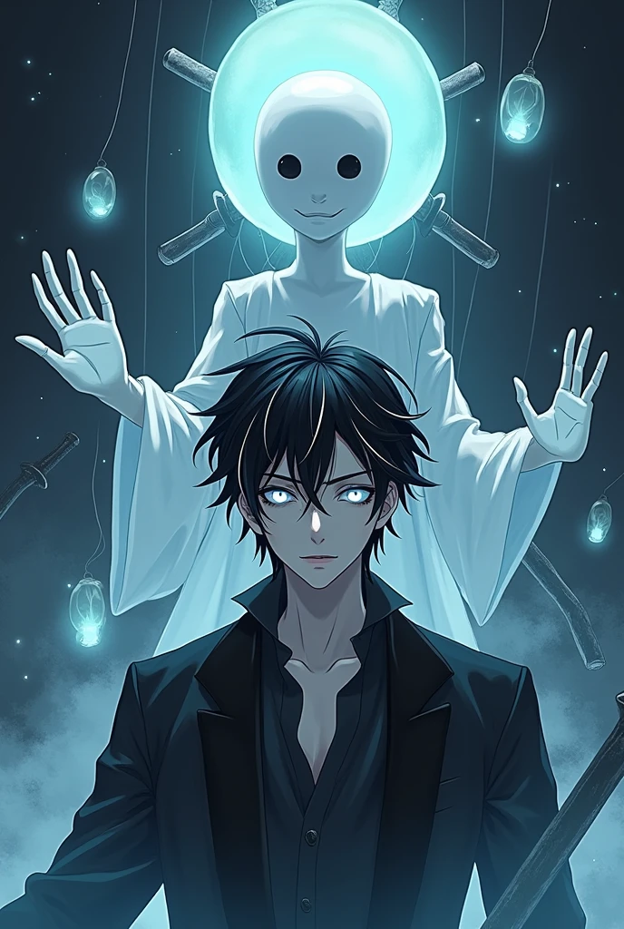 Create for me a young man of the male gender with black hair and white streaks and white eyes without pupils., the young man appears to be a puppet behind him, there are 4 episodes with auras, they are floating and right behind there is an open cocoon, the image is anime, behind him only swords and a cocoon nothing more 