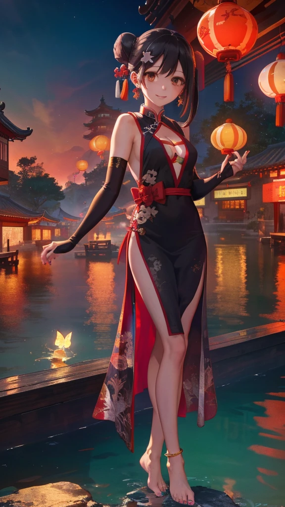 masterpiece,best quality,official art,extremely detailed CG unity 8k wallpaper, (wide shot),1girl, (Miyu Edelfelt),,black hair,brown eyes,seductive smile,(cleavage cutout), barefoot, sheet see-through provocative dress, butterfly, butterfly hair ornament, backless dress, chinese clothes,sleeveless, double bun,golden dragon print,bare foot,spread legs,elbow gloves,hair bun, hair ornament,jewelry,earrings,bead anklet,slim legs,nail polish, small breasts, solo, toenail polish, toenails, toes, twintails,outdoor,Chinese style architecture, Chinese style, lake, ancient town, beautiful and meticulous water,the red lantern,fireworks,