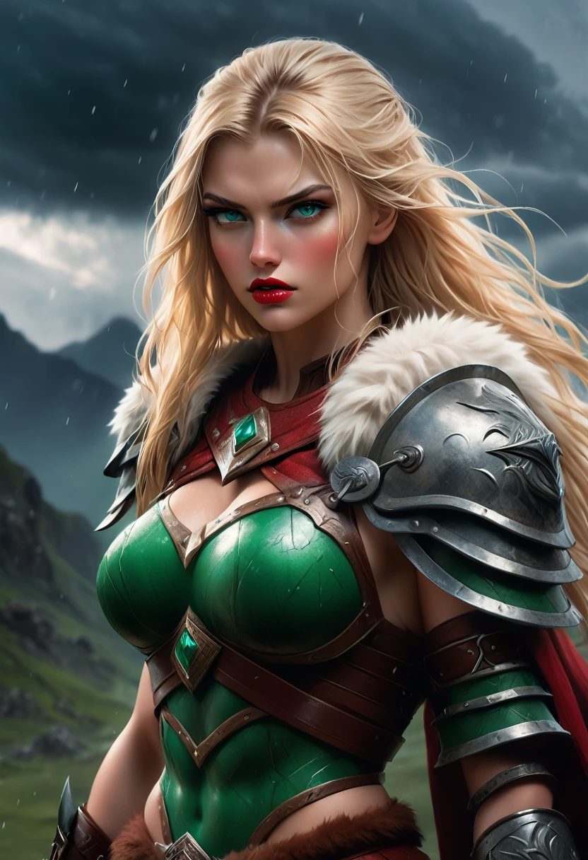 a beautiful blonde barbarian woman, extremely detailed facial features, stunning emerald green eyes, red lips, flawless skin, muscular athletic body, wearing minimal fur and leather armor, holding a large battle axe, standing in a stormy mountainous landscape, ominous dark clouds, dramatic lighting, cinematic composition, hyper-detailed, photorealistic, 8k, award winning digital art, barbarian_woman armor((best quality)), ((masterpiece)), (detailed), ((background Cyber)), wet look, ((blond long Hair)), ((Intricate detailing, in the night time, View from afar, random pose, blue body paint, face focus, hell picture, light face))