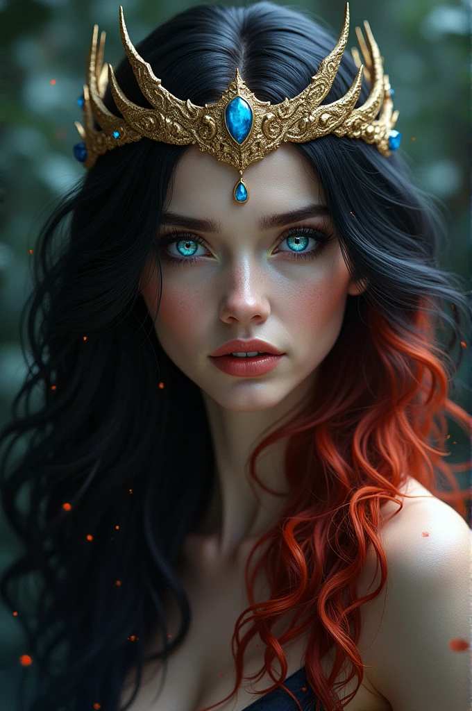 black wavy long hair woman, blue siren eyes, red locks, gold Crown