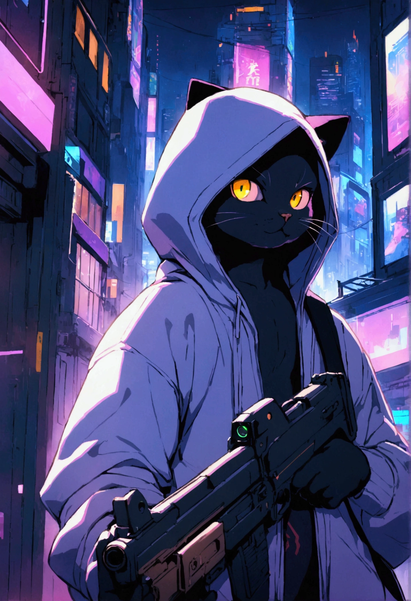 A black cat wearing white hoodie and holding guns on cyberpunk city with city light at night