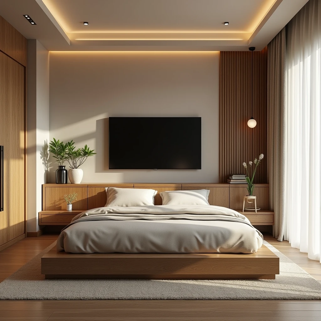Make a stylish bedroom modern and wood colors, where you have a the bed, tv, ultra-realista , 8k