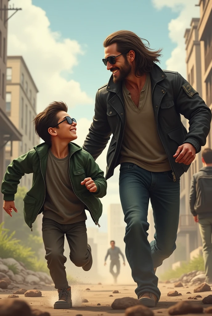 make an 1 boy, aviator sunglasses, green jacket, hair combed to the side and on the side of it make a 2 young man, with an appearance reminiscent of actor Jake Gyllenhaal. Your skin is slightly brown, and he is of average height with a standard physique, result of manual labor that shaped his strength and endurance. Her hair is slightly long. both are talking and smiling like brothers, they're in an apocalypse, behind them make a 40 year old adult guy with black clothes in a black jacket, aviator sunglasses, with long rick grimes style hair, is also participating in the conversation, everyone is running and playing