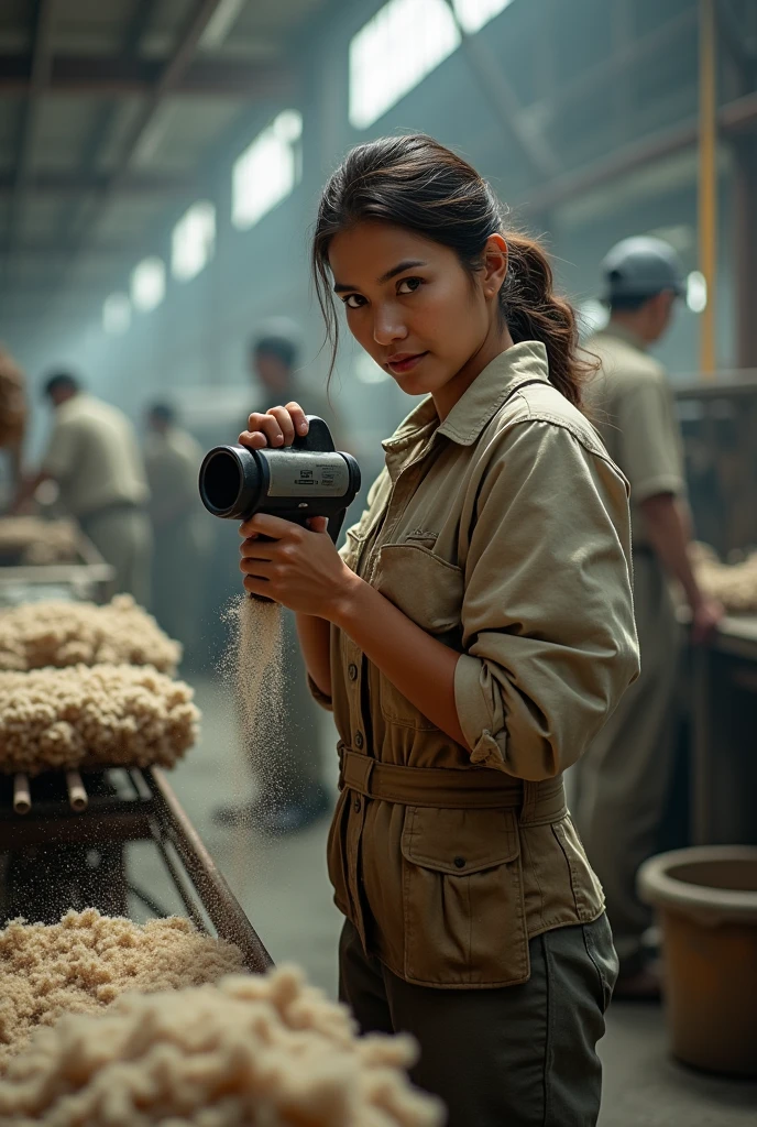 ALPACA TEXTILE FACTORY WORKER, BLOWING AIR WITH AN AIR BLOWER ON HER UNIFORM WHICH IS DIRTY WITH ALPACA FIBER LINT
