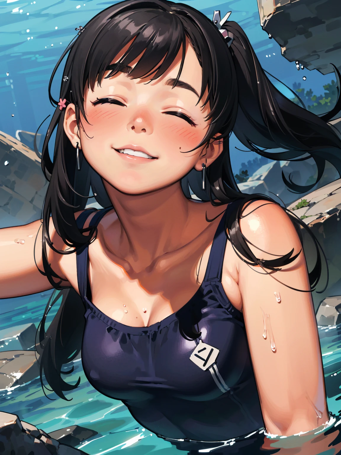 8K quality,(super masterpiece:1.3),Highest quality,Detailed Images,1 female,symmetrical beauty,10th Generation,face(smile,笑face,Embarrassing,blush,bright red,Close your mouth),(Droopy eyes,Green Eyes,Green Eyes,Bright Eyes),(Blue Hair,Long Hair,Big hairpins for bangs,Bangs that hide the right eye),(Thick eyebrows,Thick eyebrows),(Large Breasts,F cupの胸),Tan Skin,posture(Facing forward,Leaning forward),(School Swimsuit),(faceをアップで描く,Draw the façade),(Girls kissing,Mouth trying to kiss,Lips asking for a kiss,The approaching lips,Lips asking for a kiss,Mouth closed for a kiss,The kiss),((Close your eyes:1.3), Close your eyes, Chin forward,Put your chin forward, Jaw sticking out, lower the eyelids,Gently closed eyelids,近づくface,faceを前に,faceを視聴者に近づける,faceを近づける),background(Submerged City,Flooded station,Submerged City,A sunken ruin),(faceはカメラに対して正面を向く,Looking at the viewer from the front,looking at the camera,The body faces the viewer,The body is facing the direction of the camera,faceはカメラを真っ直ぐ見る).