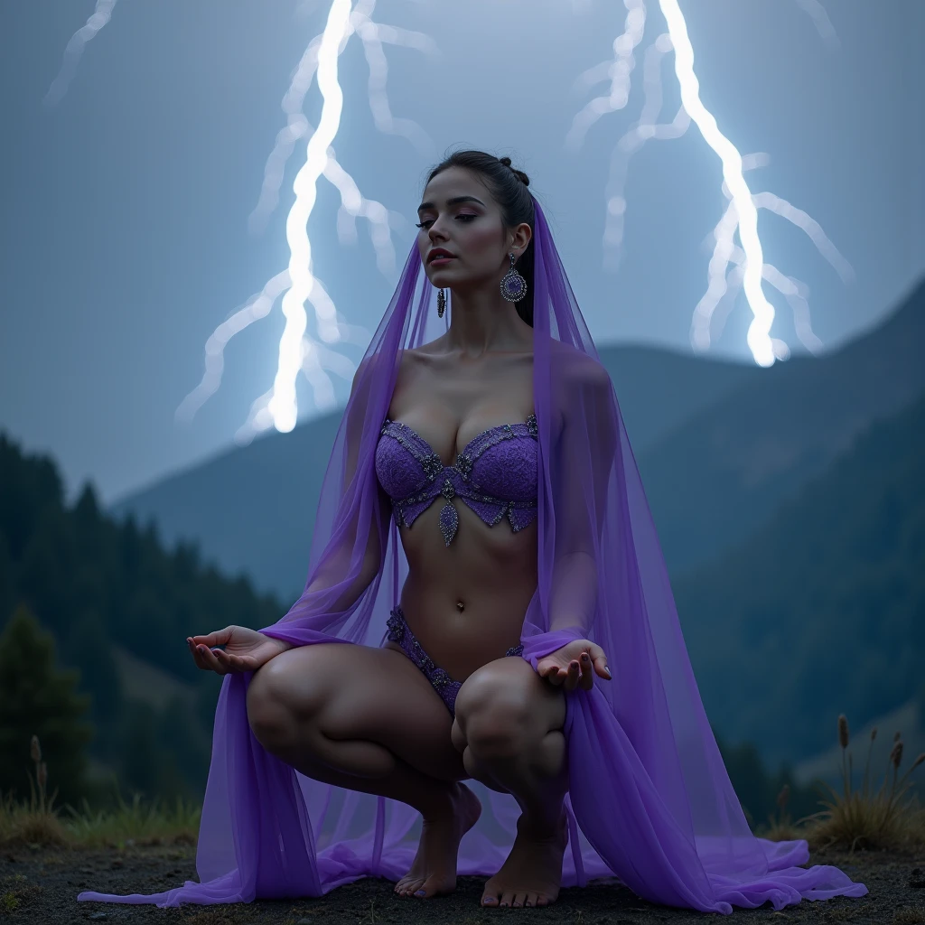 1 extremely gorgeous and seductive nubile Russian sorceress, with eyes wide open in mindless stare and arms raised in prayer to her deity, and she's covered from the shoulder down by a purple gossamer body veil while wearing an erotic harem sorceress regalia, and doing extreme squatting, 3:4 full frontal body portrait, ((merge and use young faces of Alice Eve and Rila Fukushima into best 50/50 blend)), (eyes wide open, wide open eyes, blank stare, best detailed face, best lifelike face, best lifelike nose and eyes), Grecian upstyle hairstyle with high standing ponytail, pucker lips, pale snowy colored skin, huge hoop earrings, bodacious, playboy playmate archetype, perfect bikini body, (((massive breasts))), sweaty, show cameltoe, show underboobs, mindless facial expression, deeply hypnotized facial expression, deeply entranced facial expression, ((primeval backdrop with Intense lightning strikes and severe thunderstorms towering over misty mountains)), (RAW Photo, 12K, best quality, best masterpiece, hires, best realism, best photorealism, vivid colors and natural outdoor lighting)
