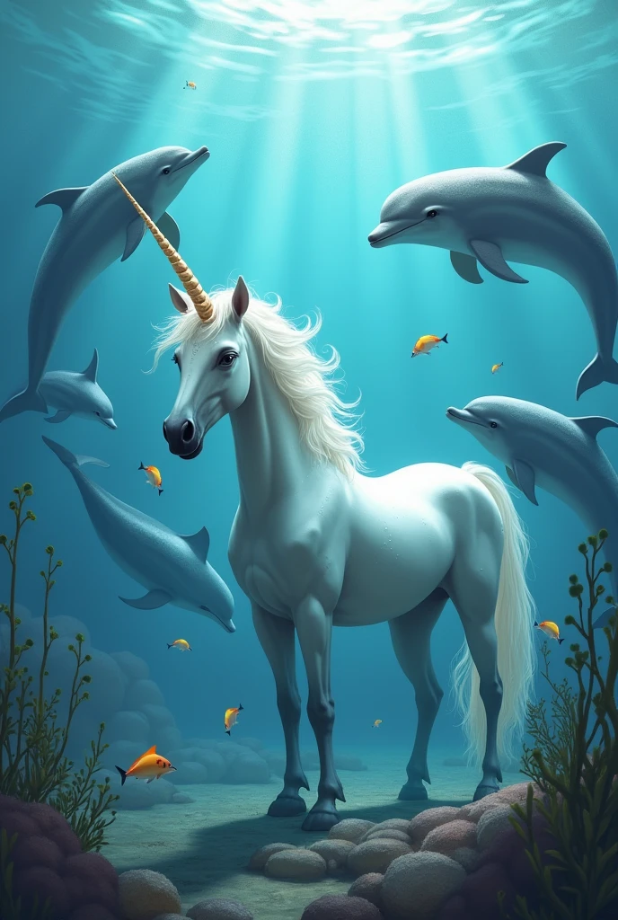A unicorn with dolphins