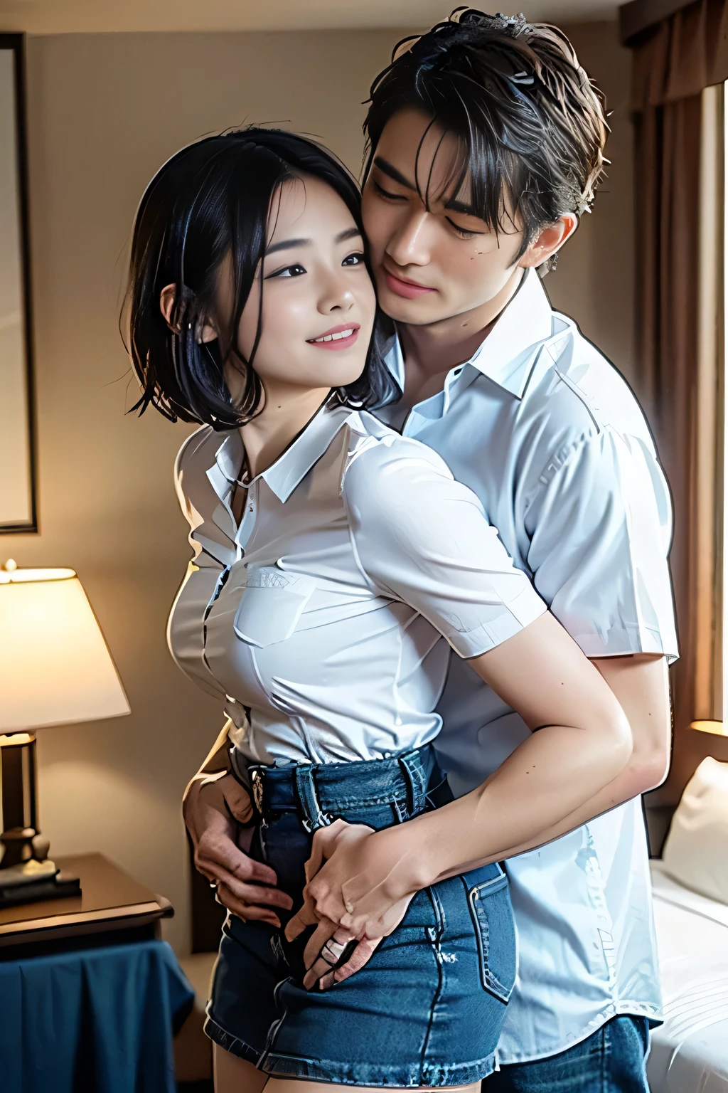 (8k,RAW Photos、RAW Photos、Highest quality、Masterpiece:1.2)、Very detailed、Super Resolution、(Photorealistic:1.3)、((Cowboy photographed from the side:1.4))、Clearly depict the shadows of light、High resolution raw color photos、Professional photos、((Hotel Bedroom:1.4))、((A man hugs a woman from behind:1.4))、Draw faithfully to anatomy.、((Accurate fingering:1.5))、Very detailed and beautiful、super high quality、((Woman with layered hair:1.4))、beautiful girl、((A woman wearing a white shirt with short sleeves and a white collar:1.4))、((A woman is wearing a denim miniskirt:1.4))、Upper Body、((Black short haired man:1.5))、((White dress shirt for men:1.4))、((Smiling woman:1.4))、((The two embraced, kissed deeply, and then parted.:1.4))