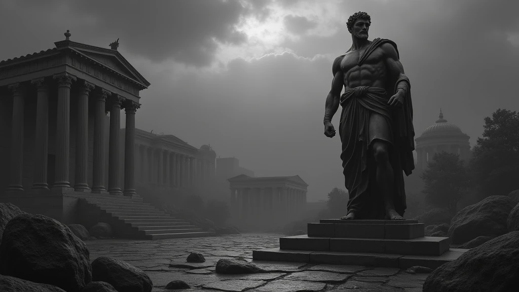 A dark landscape image of an ancient greek society deeply connected to stoicism, black and white, ancient greek architecture, include one single big statue of a stereotypical strong greek man, marcus aurelius