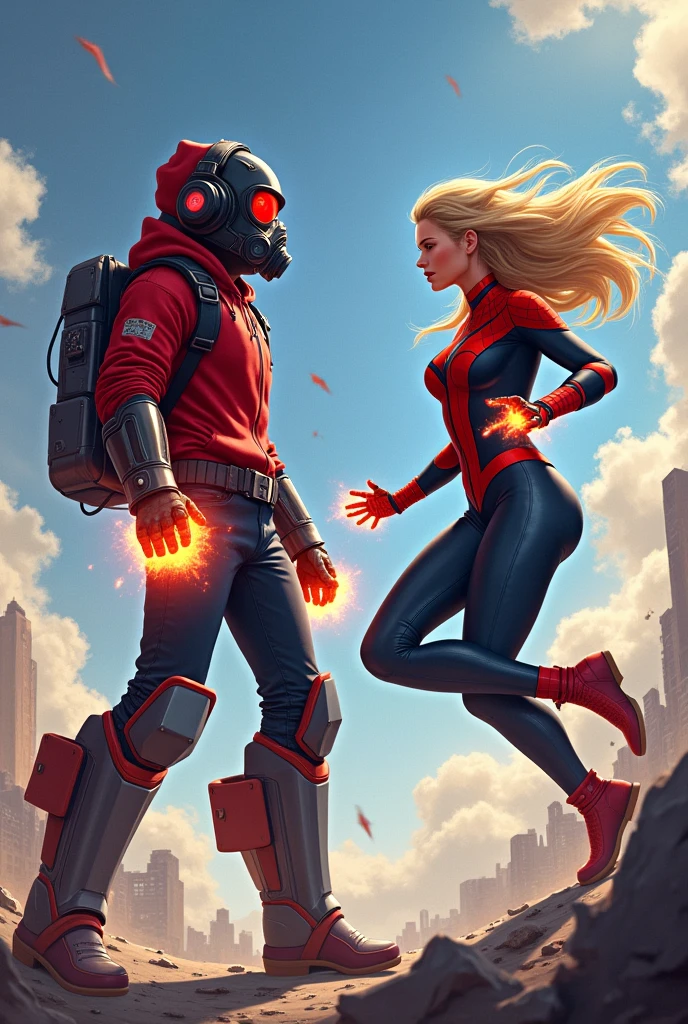Young Star-lord with red hoodie, headphones, star-lord helmet, gas helmet, covered mouth, round red eyes, Red eyes, magic rings in the hands and rocket boots, Vs. Spider gwen (), Fighting, power, fiction, full body, 3 person, magic lasso, flying in the sky, hight, fall, fire in boots, poweful spells, fighting, realistic, helmet, mask, red cape
