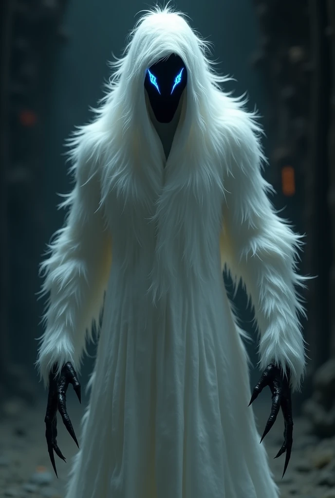 futuristic ghost creature, pitch black undetailed face,blue slit eyes, no mouth, white furr, full body picture