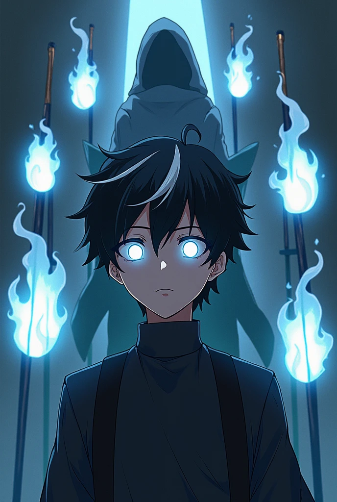 Create for me a young man of the male gender with black hair and white streaks and white eyes without pupils., the young man appears to be a puppet behind him, there are 4 episodes with auras, they are floating and right behind there is an open cocoon, the image is anime, behind him only swords and a cocoon nothing more, there is no being behind him