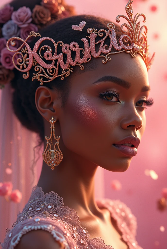 Create at fraction "Kristhel the divine" in cursive with a pink background and lots of nails and makeup cosmetics with brown skin