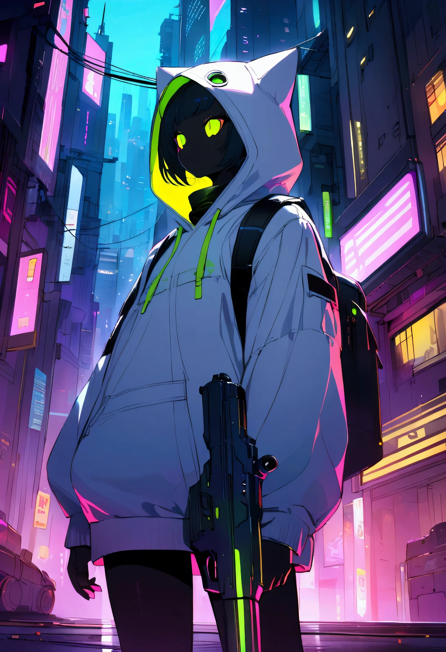 A black cat wearing white hoodie and holding guns on cyberpunk city with city light at night