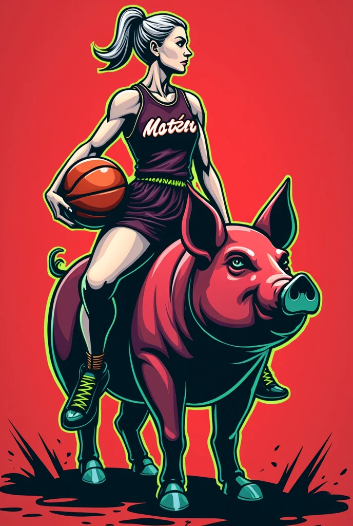 I would like to modernize the design of my basketball team's crest, giving it a more professional look. For it, We have to take into account: 1. We wear red; 2. We call ourselves The Mothertrotters; 3. The logo must be a woman, of a certain age, with a basketball, riding on the back of a punk pig, with phosphor green crest. It is a difficult task, but I trust you. thank you so much