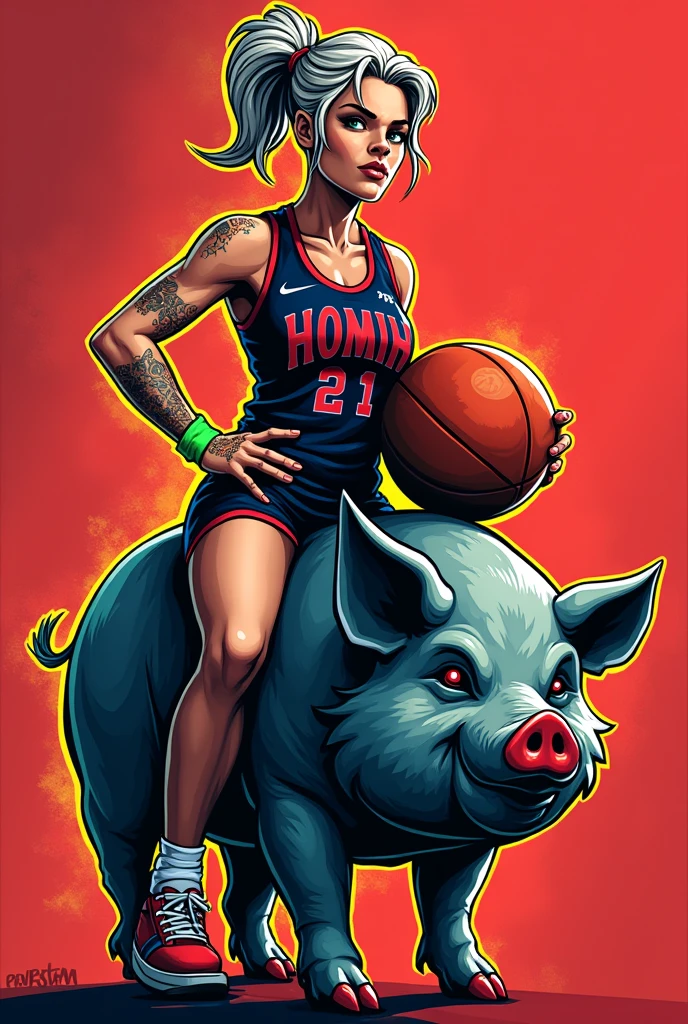 I would like to modernize the design of my basketball team&#39;s crest, giving it a more professional look. For it, We have to take into account: 1. We wear red; 2. We call ourselves The Mothertrotters; 3. The logo must be a woman, of a certain age, with a basketball, riding on the back of a punk pig, with phosphor green crest. It is a difficult task, but I trust you. thank you so much