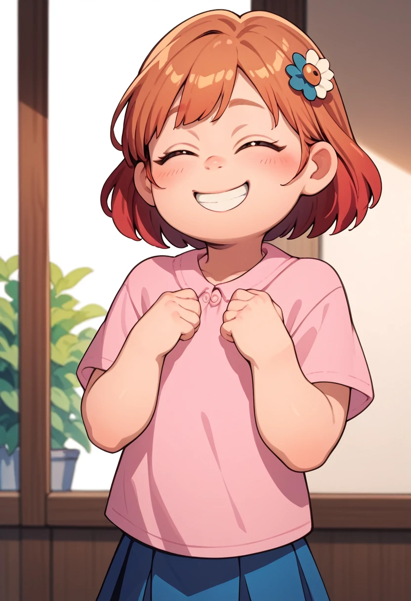 meilin lee, brown eyes, hair ornament, pink shirt, blue skirt, closed eyes. smiling, alone
