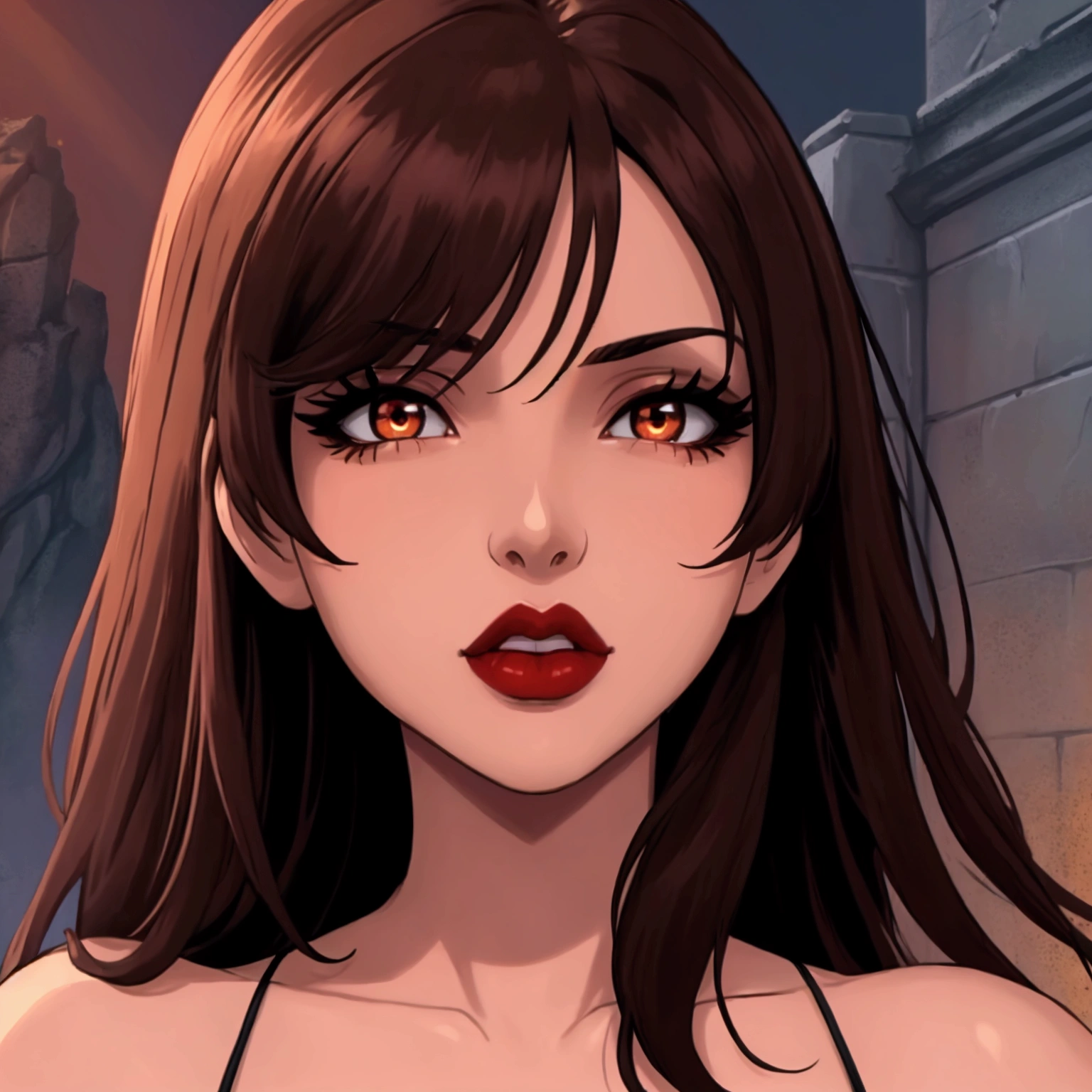 8k, highest quality, masterpiece, photorealistic, ultra-detailed, extremely detailed eyes and face, beautiful detailed lips, long eyelashes, dark brown hair, dark brown eyes, red lips, anime, closeup, dynamic pose, dramatic lighting, cinematic, simple background, vibrant colors, digital art