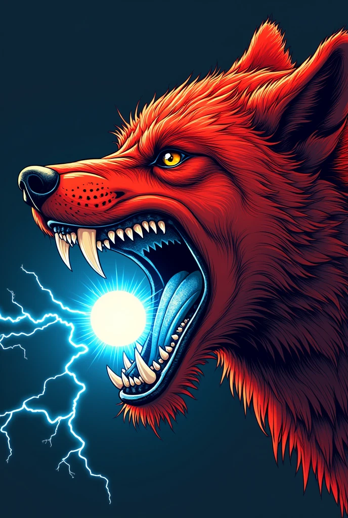 Illustration based on works by neotraditional and new school tattoo artists, It should be the face of a red wolf with its mouth open as if it were screaming and emitting a sphere of blue light from its mouth with some thunder coming out of the sphere of light