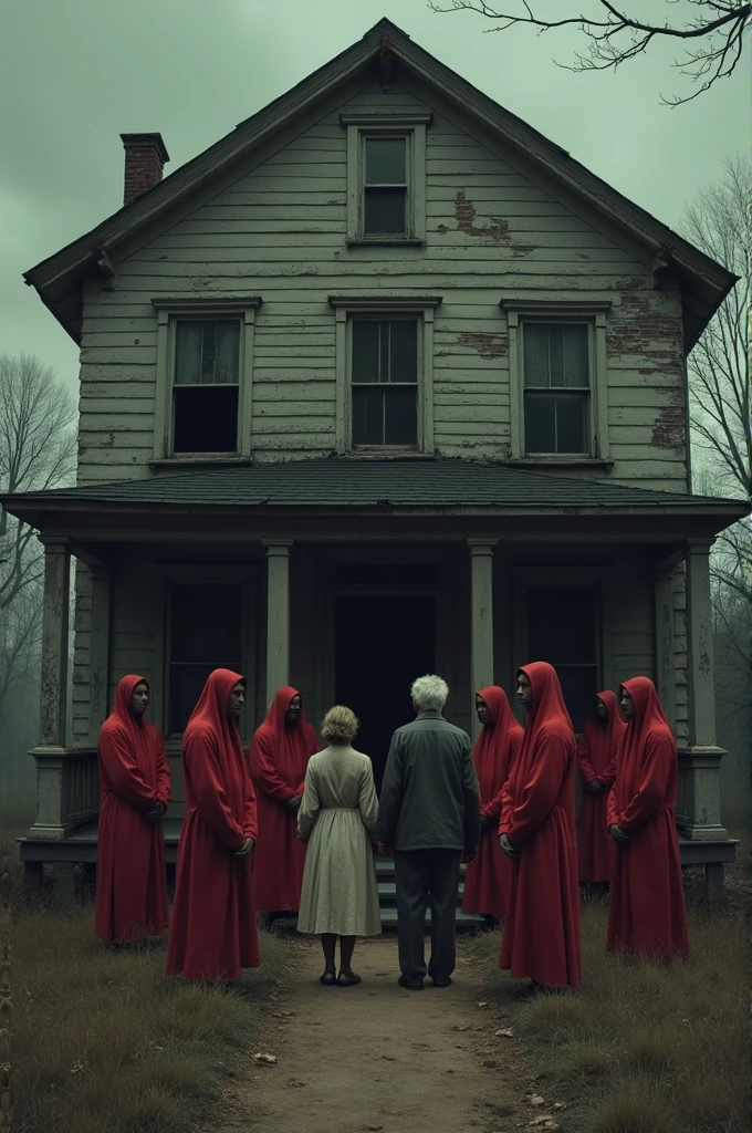 Make me a picture of a very old house with a man and a woman at the door and outside 10 people dressed in red like slaves and a text saying in English we can't stay with our arms crossed