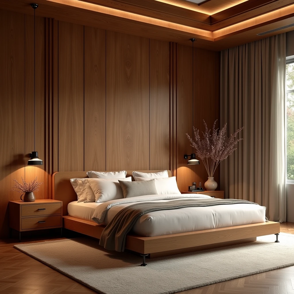 Make a stylish bedroom and wood colors, where you have a the bed, ultra-realista , 8k