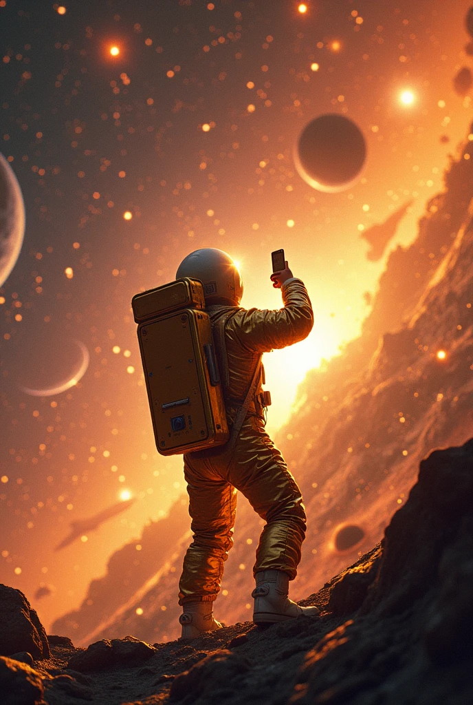 A golden astronaut taking a selfie in a brightly colored super starry galaxy, a black hole and a new habitable planet