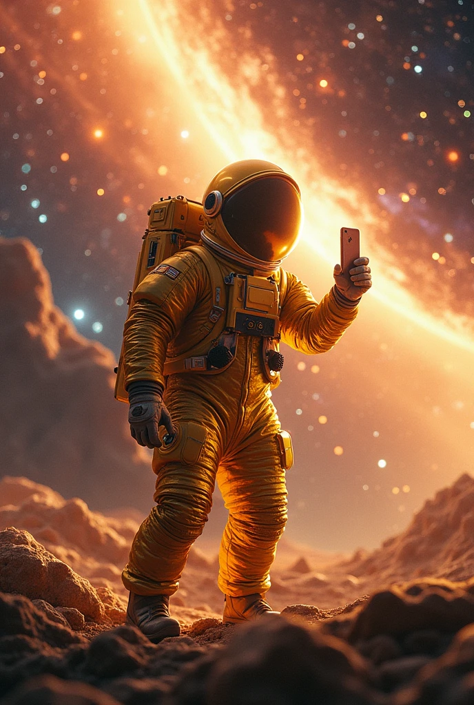 A golden astronaut taking a selfie in a brightly colored super starry galaxy, a black hole and a new habitable planet
