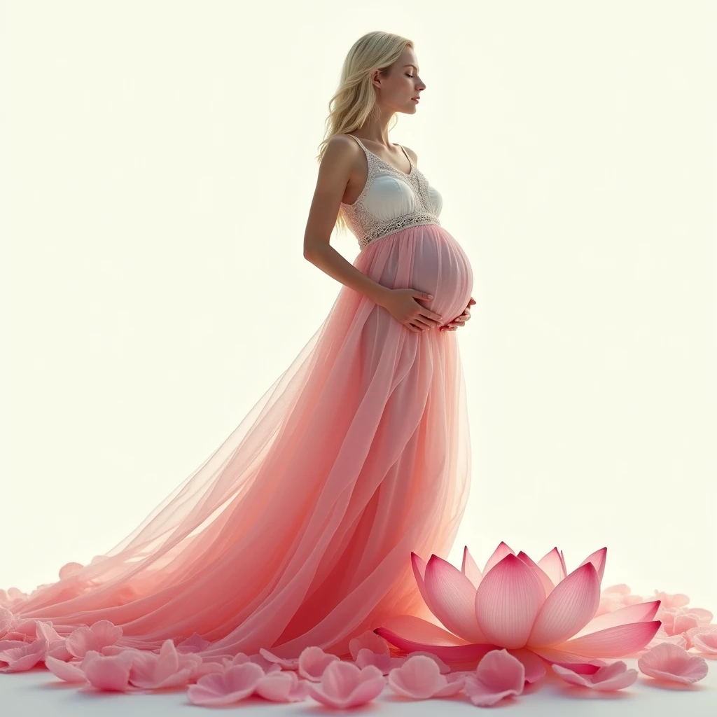 full length, blonde pregnant woman, Beautiful face, dress made of red rose petals, Light pink and light white tones, Esbian Full Body, White background, daylight, Efeito de Luz, Minimalistic, Solar, pure tenderness, soft lighting, Realism. beautiful woman, on a super giant lotus with double and long petals (petals made of thin, soft transparent,streaming, fabrics, full background of flowing petals, floating flower, super flying petals, Smoke effect, Fog, some water reflaciton mixed with petals), lotus dress, ((ss-through)) full length.
