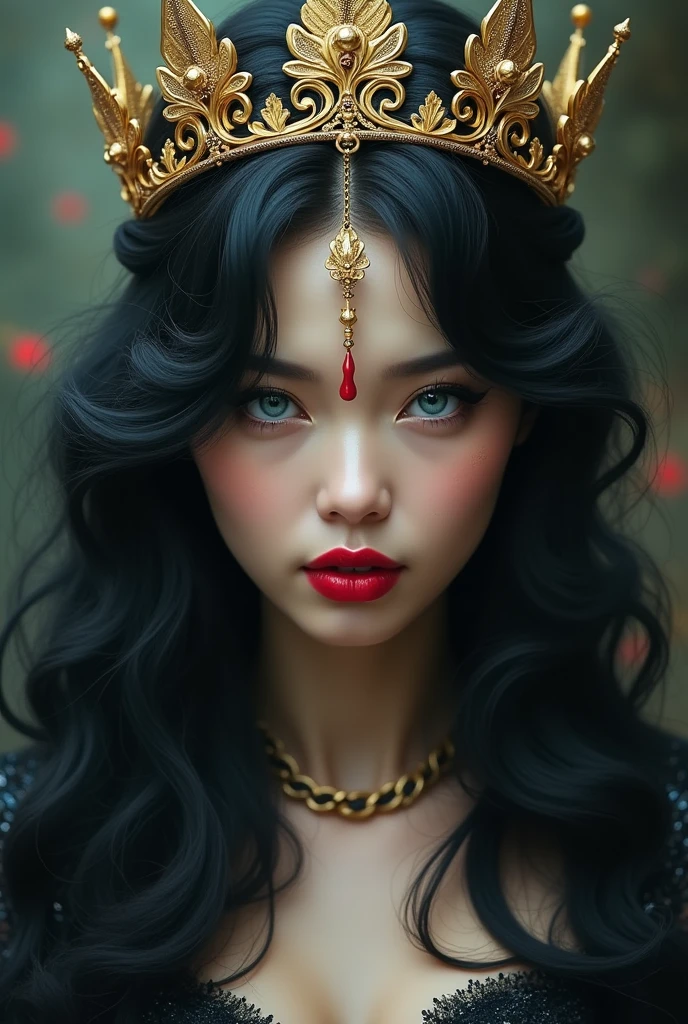 black wavy long hair woman, blue foxy eyes, red locks, gold Crown