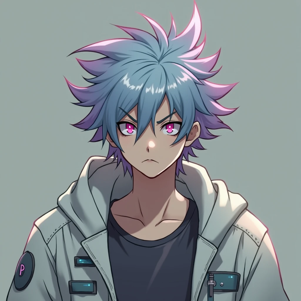 a lanky young man with wild, straight, short violet hair and piercing, narrowed magenta eyes, raised eyebrows, and a knowing smirk, wearing tech gear, an aesthetic hoodie, exuding a tired, intelligent air, anime
