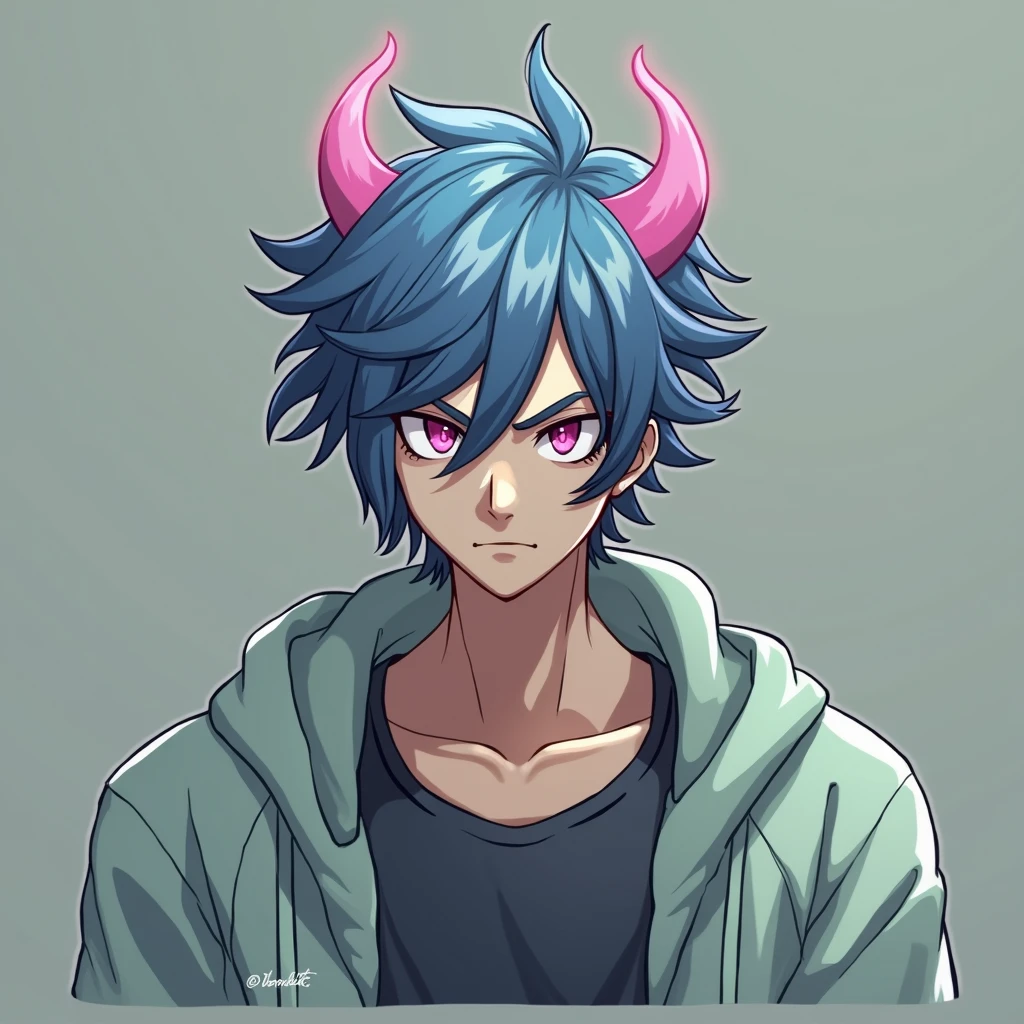 a lanky young man with wild, straight, short violet hair and piercing, narrowed magenta eyes, raised eyebrows, and a knowing smirk, wearing tech gear, an aesthetic hoodie, exuding a tired, intelligent air, anime