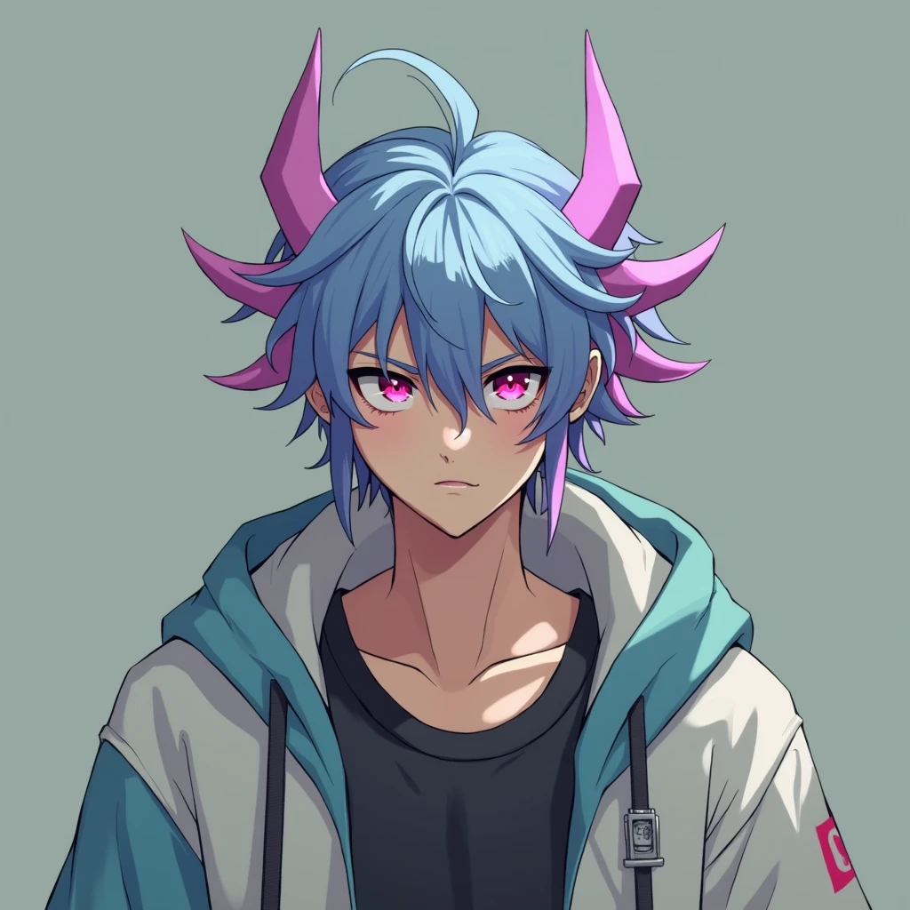 a lanky young man with wild, straight, short violet hair and piercing, narrowed magenta eyes, raised eyebrows, and a knowing smirk, wearing tech gear, an aesthetic hoodie, exuding a tired, intelligent air, anime
