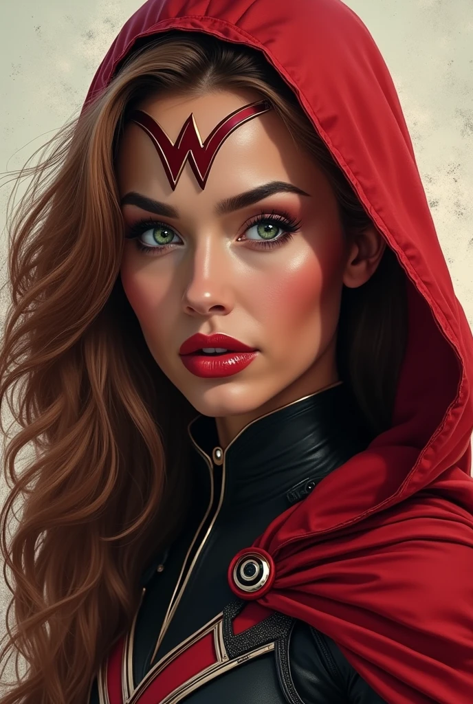 Wanda Maximoff *Wanda&#39;s appearance She has an oval face, with pronounced cheekbones and a defined jawline.
Her eyes are green, with long eyelashes.
His eyebrows are thin and arched.
He has a small, straight nose..
Her lips are full and light red..
Her hair is light brown and she wears it long and loose., with soft waves jade colored eyes red and black clothes red fingerless gloves and a torn red cape and a crown on the forehead in the shape of an M like this above red and pencil 