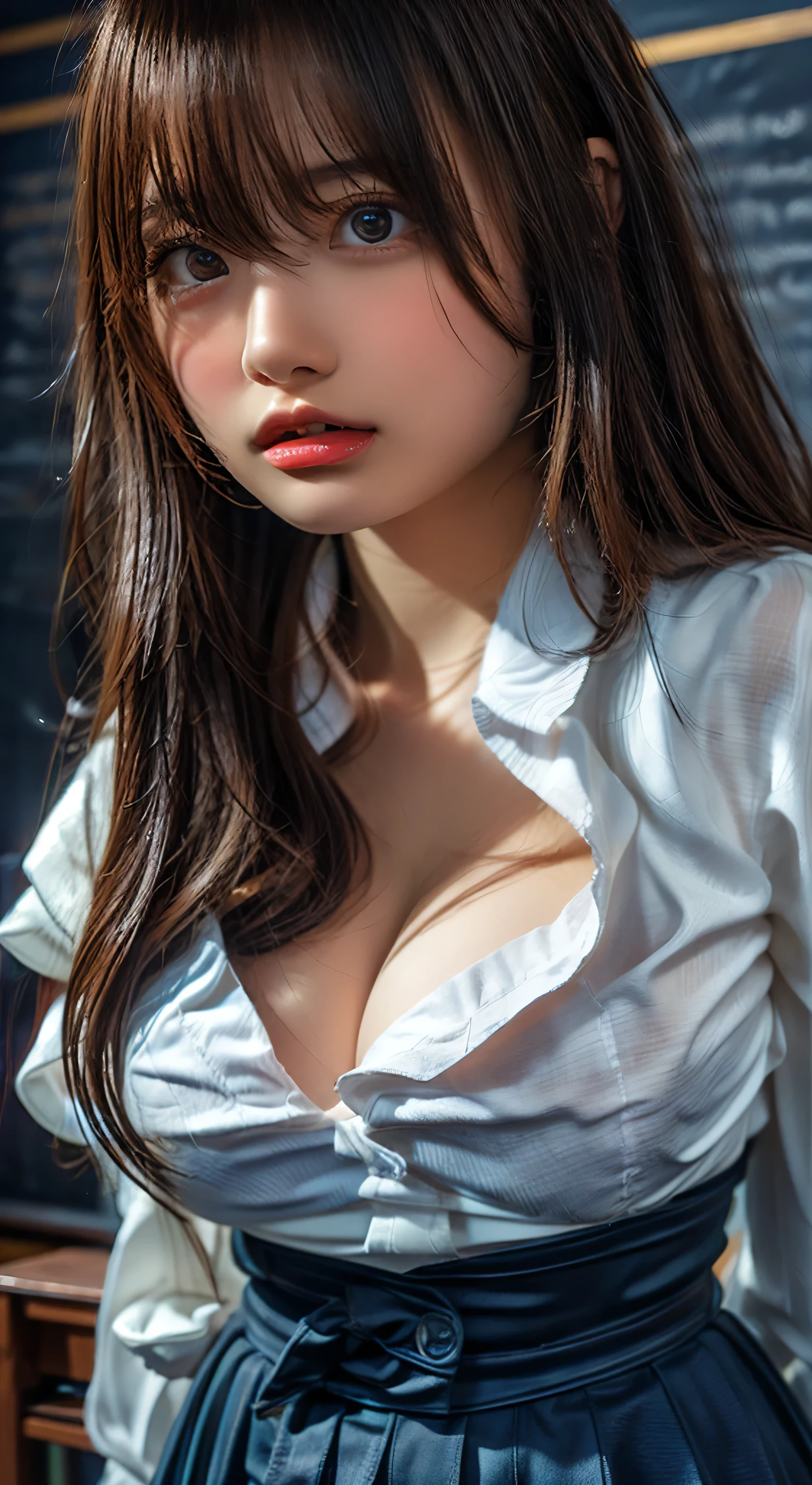 (Highest quality、Tabletop、、Best image quality、Award-winning works)、Extremely cute and lewd high school girl、White polyester collared shirt ripped because her breasts were too big、Short sleeve:1.4)、(Navy Pleated Skirt:1.1)、Girl portrait photography、Glowing Skin、Brown Hair、Are standing、View your viewers、Sculpture Pose、(Classroom Background:1.45)、(Large Breasts:1.8)、Accentuate your body lines:1.1)、Very large red ribbon tie、Very long hair:1.75、((The face of a man who was forced to show his genitals:1.55))