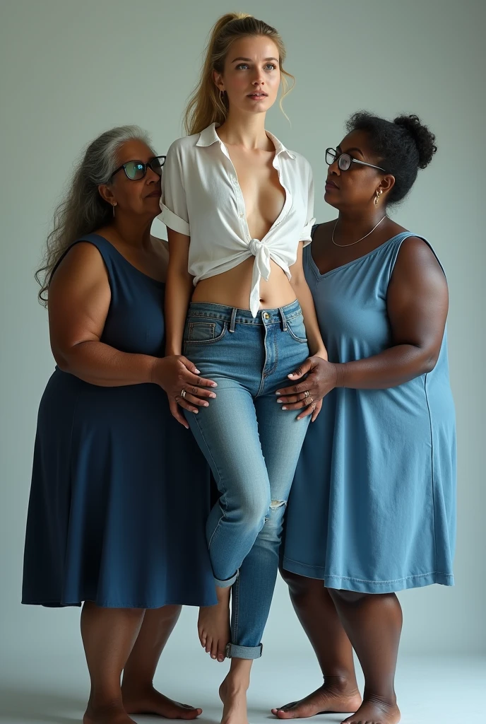 Create a photo of a 30 year old young woman, with long light hair tied in a ponytail with a lock of hair on the face, slender and beautiful body, wearing jeans and an open white shirt without a bra with bare breasts, with white and clear skin, is facing the camera being hugged and lifted up with her legs in the air by two elderly black ladies, dark-skinned, obese, with short hair who is wearing a blue dress and glasses