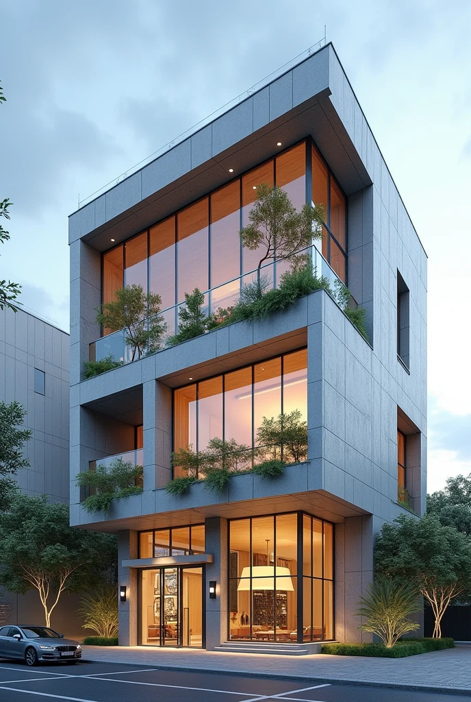 can you create a modern 3 storey building with a exhibition on ground floor, architecture firm with studio on the first floor and music studio, 3 offices plus art and fashion studio on second floor