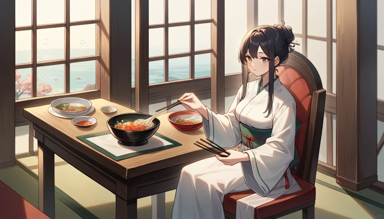 A beautifully detailed chibi girl, sitting in a chair, holding a pair of chopsticks, with a Japanese-style container filled with thin grey noodles, masterpiece, best quality, ultra-detailed, (1girl:1.2), grey noodles in a Japanese container:1.2), holding a ship, sitting on a chair