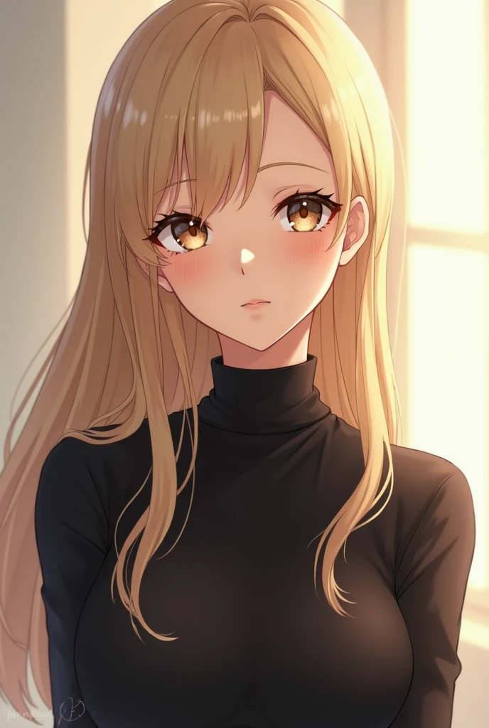 (anime style) beautiful one woman, blonde long straight hair, brown eyes, wearing a turtle neck black blouse, elegant.