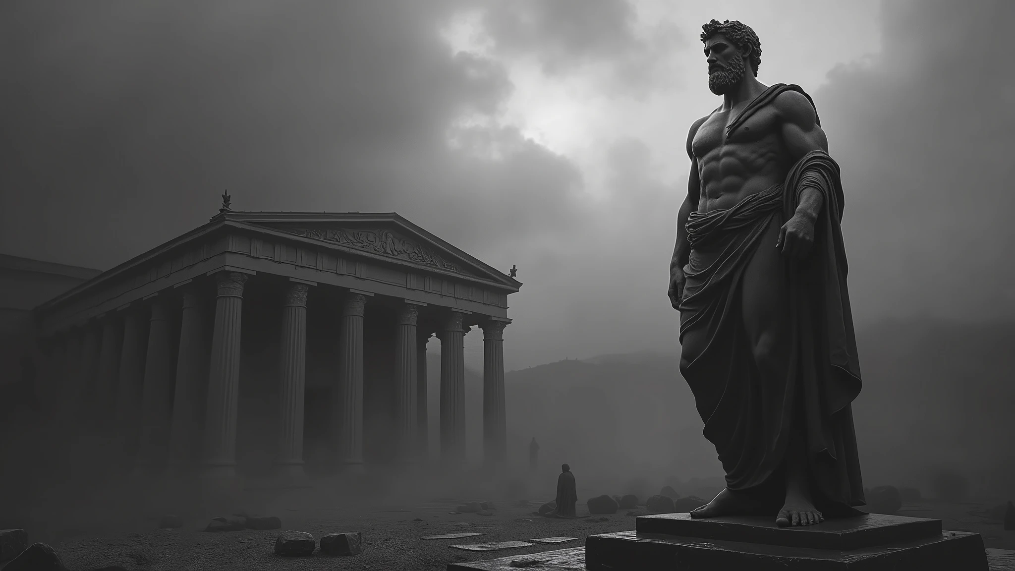 A dark landscape image of an ancient greek society deeply connected to stoicism, black and white, ancient greek architecture, include one single big statue of a stereotypical strong greek man, marcus aurelius