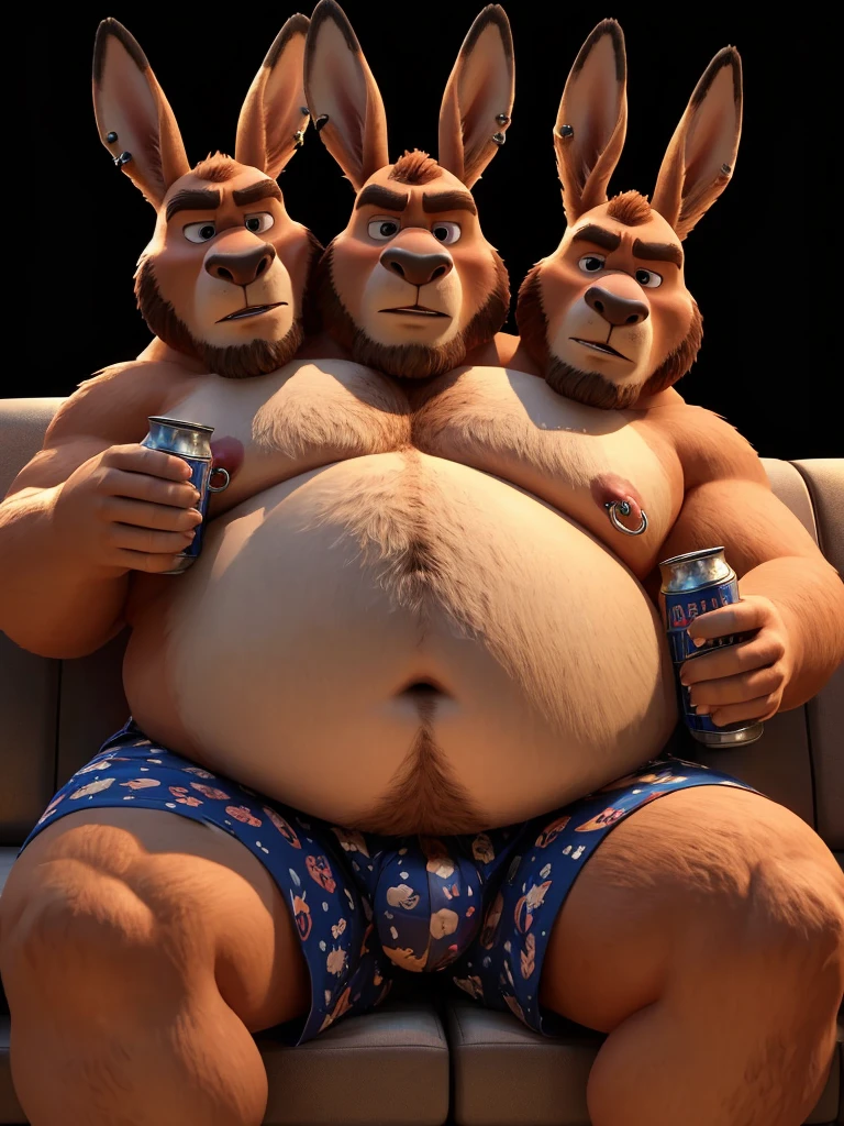 solo, kangaroo, twins, 60 year old male, ((holding two beer cans in hands)), natural pose, sexy pose, sitting on couch, different facial expressions, tired, bored, annoyed, three identical heads attached to the same body, kangaroo ears, bald, beard, brown fur, masculine, three necks, eyes, adult, male, 3d, by pixar, by disney, (overweight, fat, obese, big belly, out of shape), black background, shirtless, navel, male nipples, boxers, nipple piercings, ear piercings, correct hands, correct anatomy, ultradetailed, best quality, detailed masterpiece, highly detailed masterpiece, 4k, professional cartoon