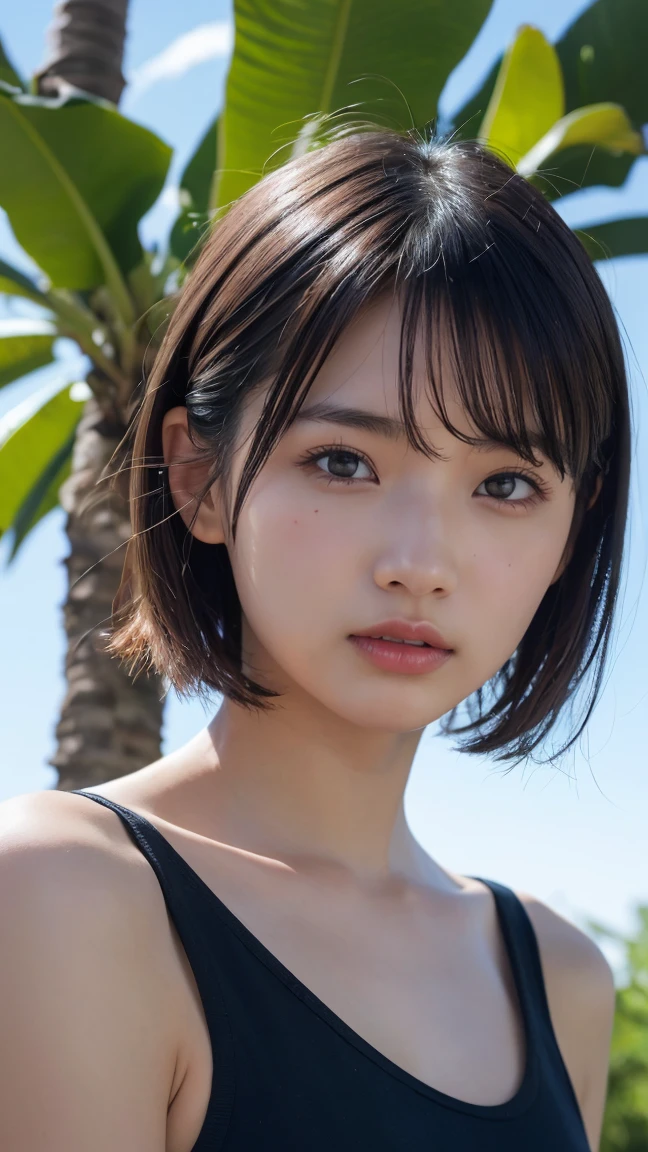 (High resolution:1.3), (16K, Photorealistic, RAW Photos, Best image quality: 1.4), Japanese, (1peopleの少女), Beautiful Face, (A vivid face), (Black-haired、short hair:1.3), Beautiful hairstyle, Realistic eyes, Beautifully detailed eyes, (Realistic Skin), Beautiful skins, Charm, 超High resolution, Surreal, Attention to detail, Golden Ratio, Plein Air, the wind is strong, From below,１people、 Half Body Shot,Highly detailed cute girl,(20-year-old)、 dress、
