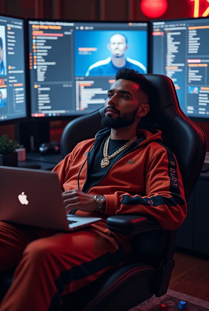 high resolution, ultra detaild), (cinematic), (ultra HD), seen from the front Alone, light skin tone outfit tracksuit set gucci,gold chain on neck , goatee on the chin and beard,sitting gamer chair macbook on lap, in the background a curved screen monitor,, 2 dice on the floor, one blue and one red, a lot of money, de casino,