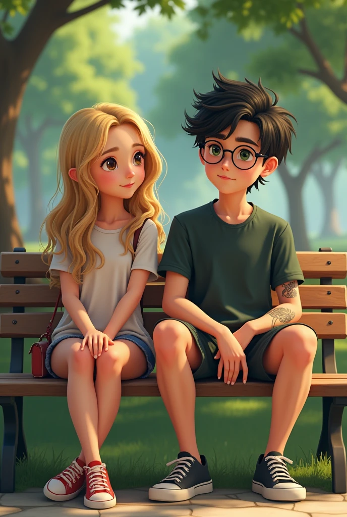 (photorealism:1.2), Female, Long wavy blonde hair, 16, Hazel eyes, Sophomore, Sitting next to a male character on a bench in the park with black short fluffy hair, Green eyes, 18, Senior, tattoo on the left arm, round glasses
