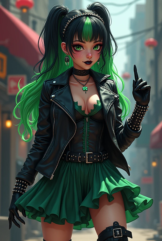 Coffee Dark Black skin, female, black hair with a green stripe, black lipstick, freckles, happy, rockstar, her bridal motif changes to a rocker one, and she has a black sleeveless dress with a green ruffled underskirt and black shorts, and a black and green leather jacket and thigh high boots. She has sblack spikes on her boots, and a black spiked collar, wrist cuffs, and headband, with black spikes down the center of her dress. She also has black biker gloves and a clover zipper pull on her jacket. Anime, fantasy